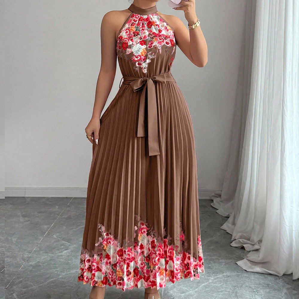 European and american cross-border women's summer  elegant halter neck tie waist floral print pleated maxi swing dress