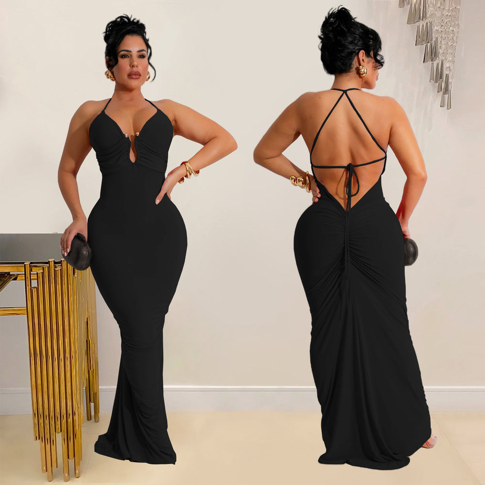 C7116 cross-border   fashion women's sexy slim-fit camisole v-neck backless dress