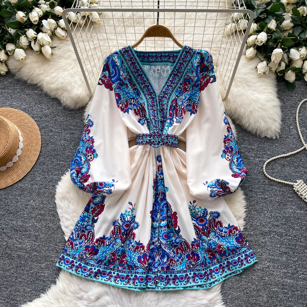 Vintage print v-neck long sleeve bodycon dress - women's summer tie-waist slimming a-line dress - office & casual wear