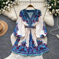 Vintage print v-neck long sleeve bodycon dress - women's summer tie-waist slimming a-line dress - office & casual wear