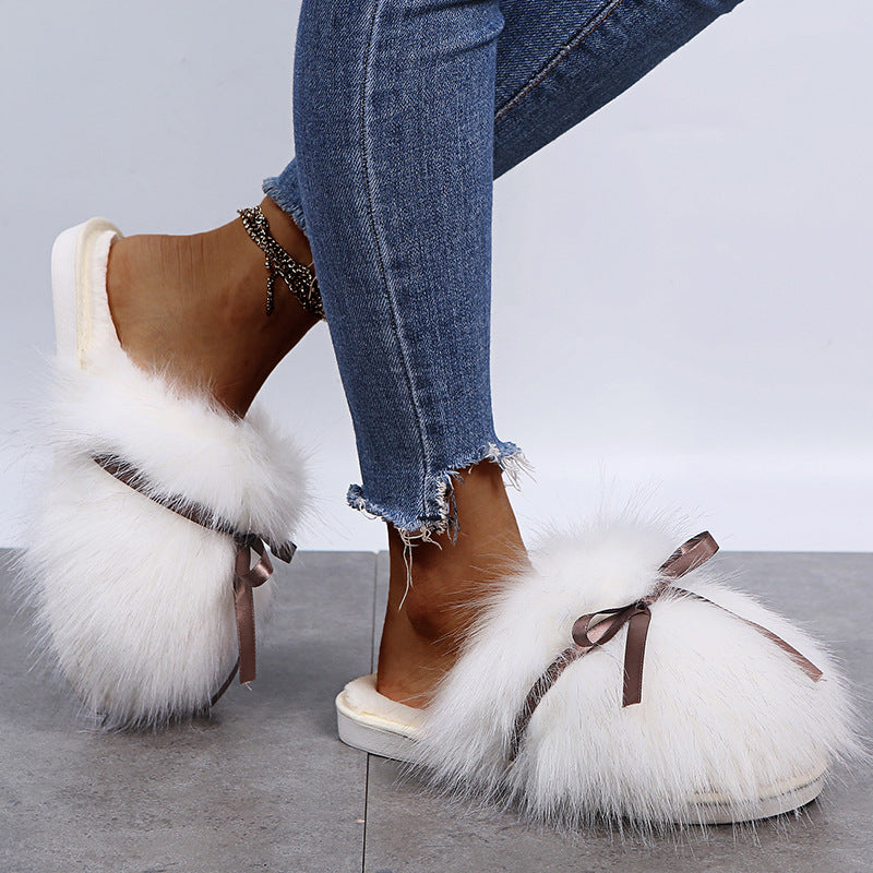 Baotou furry slippers for women outwear2024fall and winternew arrivalbows imitation fox fur fairy style flats cotton slippers