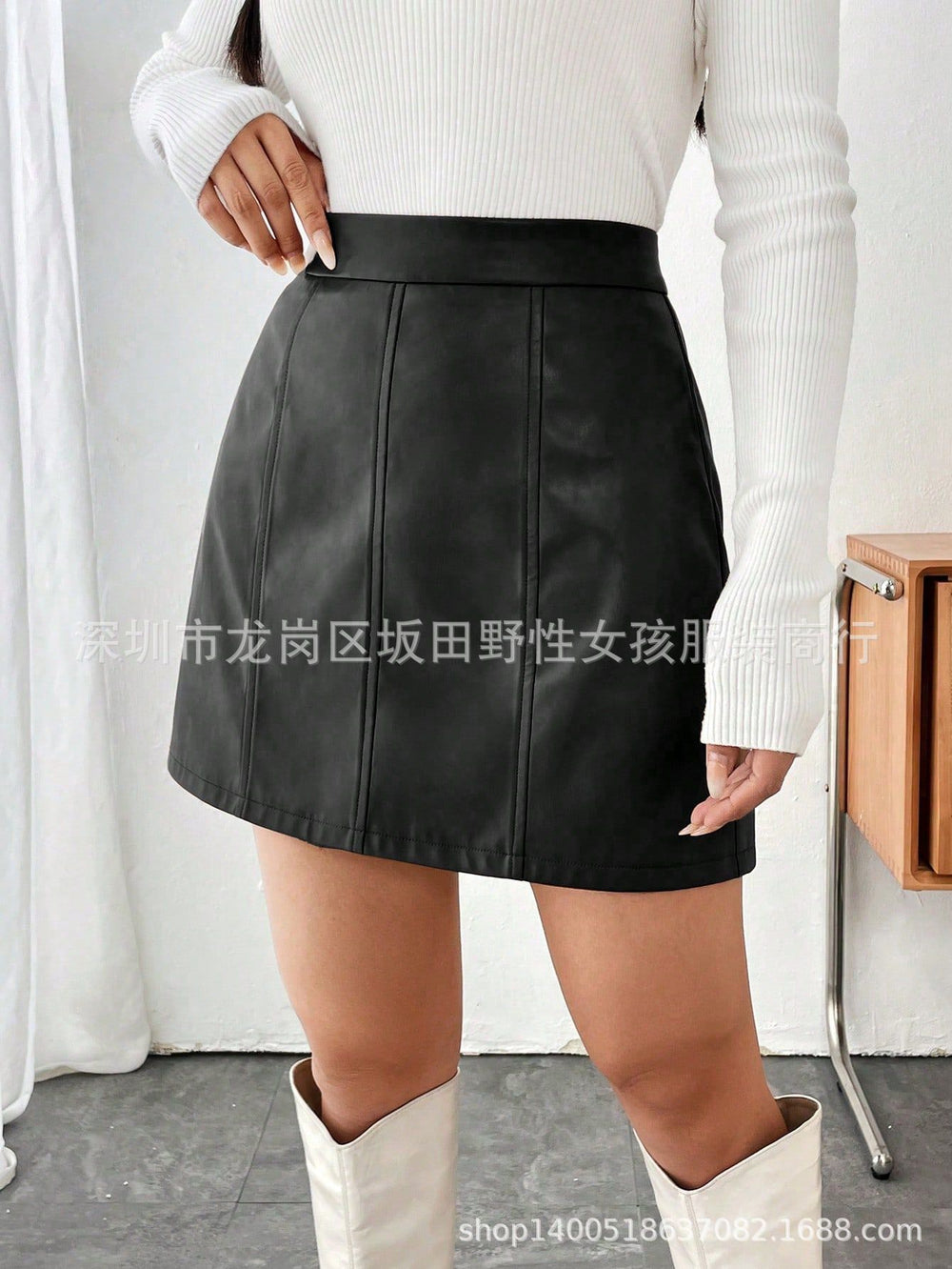 In stock-72660#  cross-border women's fashion european and american ins autumn and winter new a-line slimming hip-covering pu leather short skirt