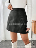 In stock-72660#  cross-border women's fashion european and american ins autumn and winter new a-line slimming hip-covering pu leather short skirt