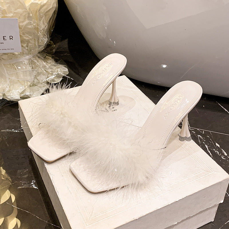 Fairy-style slippers for outdoor wear, new for summer 2025. these fluffy, stiletto-heeled sandals are elegant, chic, and open-toe