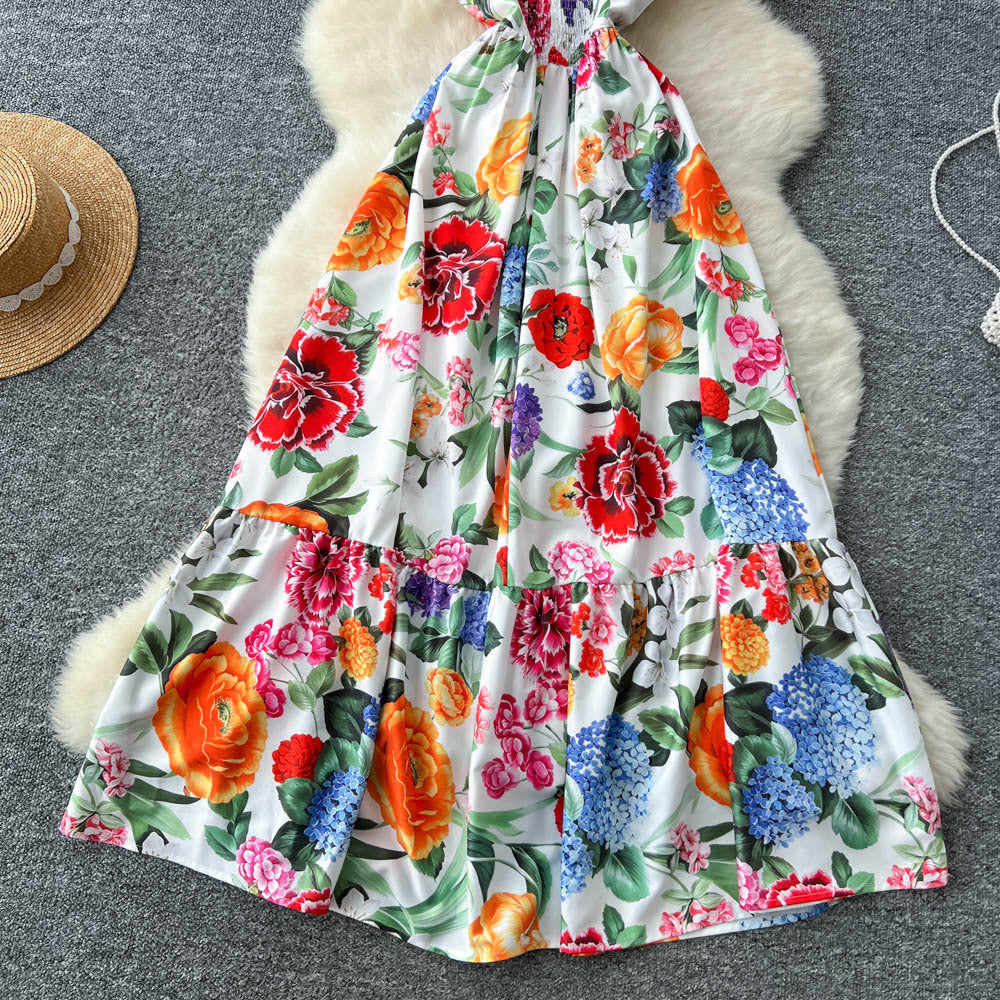 Vintage court style printed slip dress - women's summer cinched waist slim fit high-end elegant socialite maxi dress