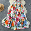 Vintage court style printed slip dress - women's summer cinched waist slim fit high-end elegant socialite maxi dress