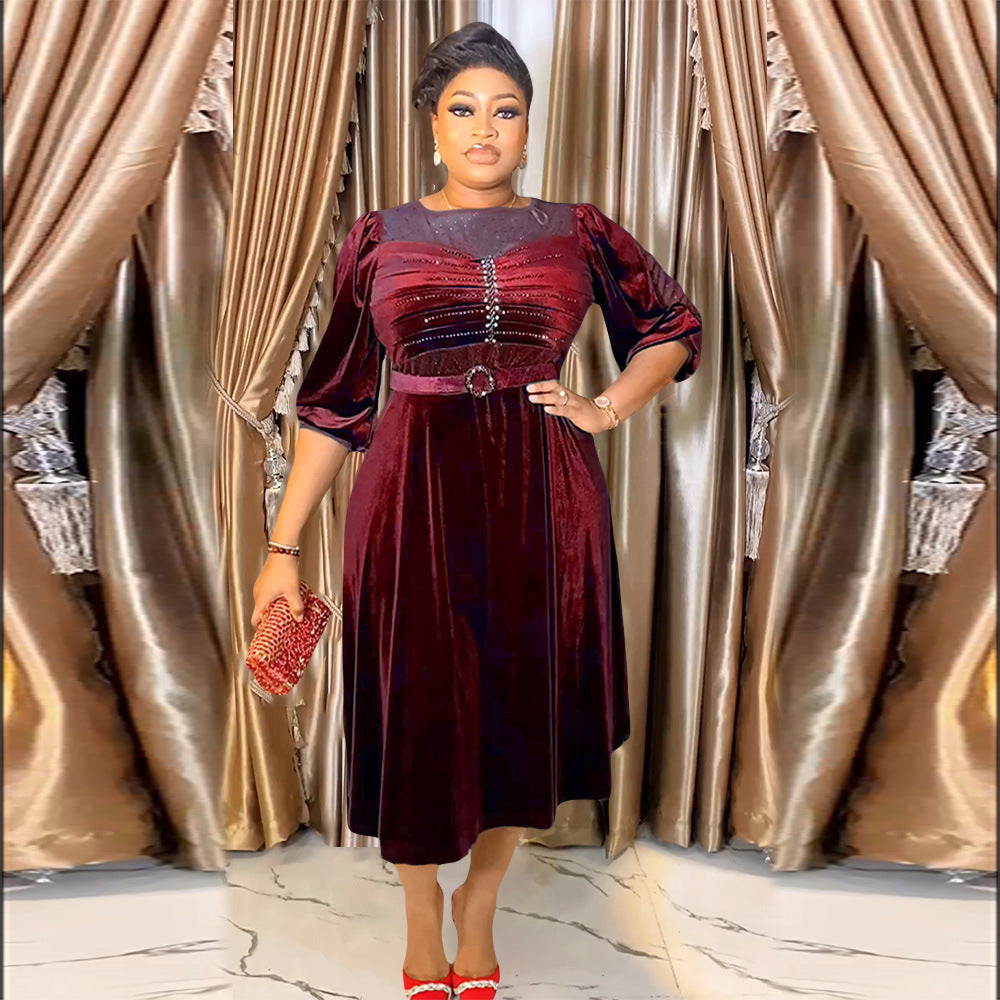 Aliexpress african plus size  autumn/winter new european and american cross-border elegant evening gown rhinestone velvet dress