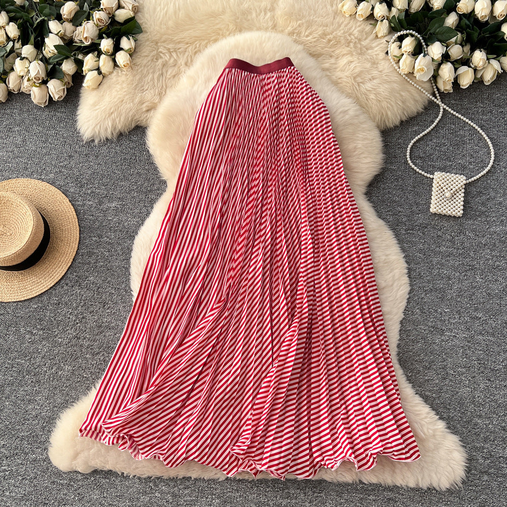 Korean style high-waisted a-line striped patchwork midi skirt - new 2025 collection, versatile striped design with a flowy drape