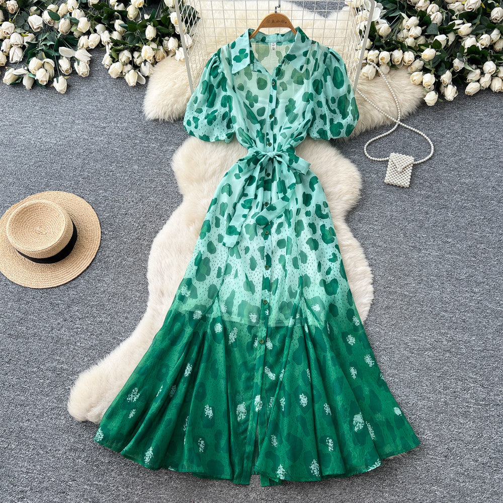 K-style lapel leopard print dress women's summer puff sleeves waist tie back a-line skirt elegant shirt skirt