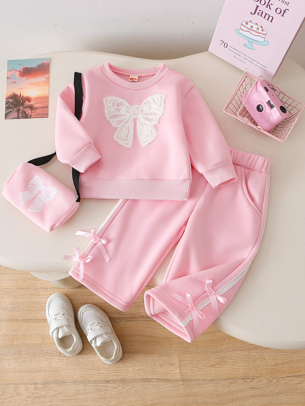 cross-border hot seller: autumn new bowknot sweatshirt crewneck set - three-piece outfit with pants and matching bag