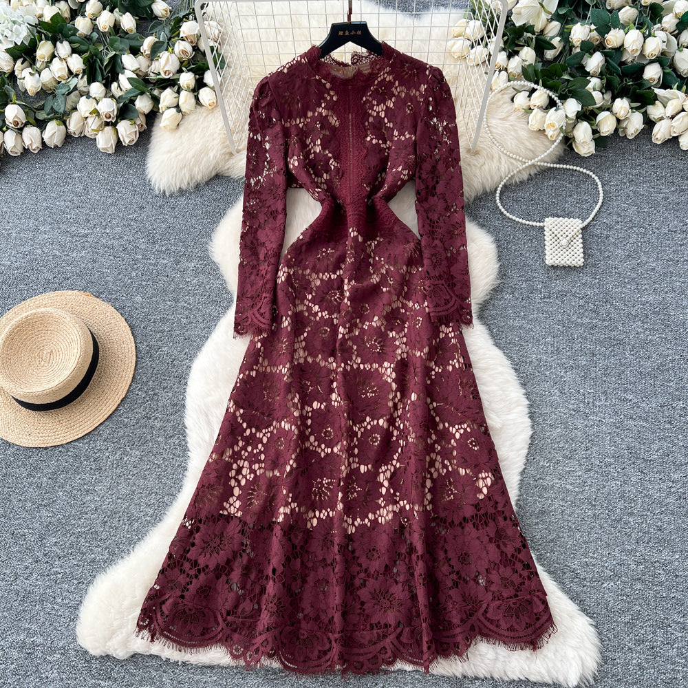 Frenchniche styleaccessible luxury socialiteclassy sense hook flower lacedress women's autum waist slimming lookelegant dress