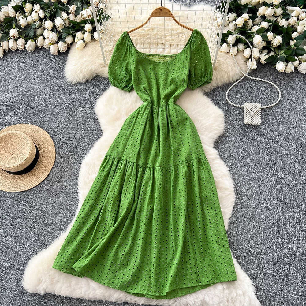 French chic embroidered cutout square neck puff sleeve dress - women's slimming, figure-flattering, elegant vacation maxi dress