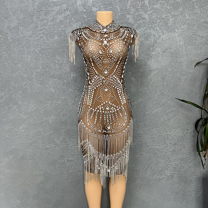 supply elastic mesh hot diamond rhinestone tassel sexy silmcustom performance costume evening dress