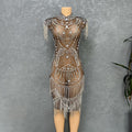 supply elastic mesh hot diamond rhinestone tassel sexy silmcustom performance costume evening dress