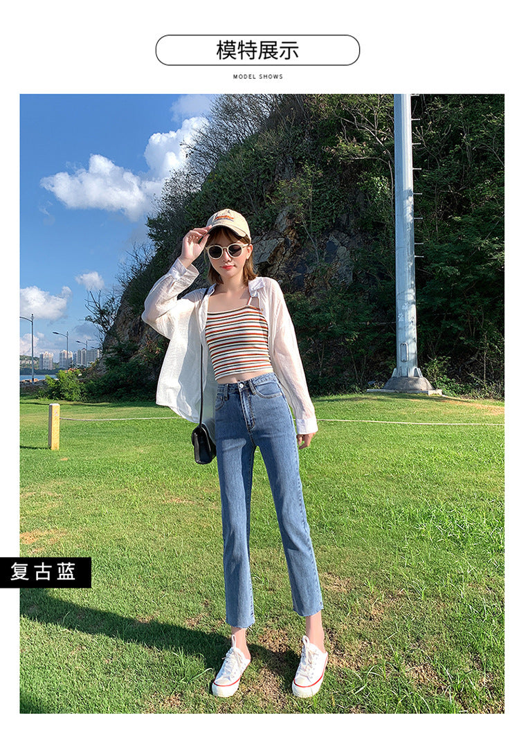 Commutingstraight-leg pants hot-selling new arrivalcasual denim nine-point pants easiest for matchhigh waistslimming look hip-lifting washed jeans