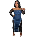 European and american cross-border women's fashion  autumn new sexy hot girl mesh see-through top denim bodycon skirt set