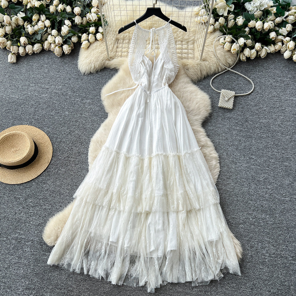 Vacation style lace lace suspender sexybacklessdress women's summer waist slimming look cake skirt elegant long skirt