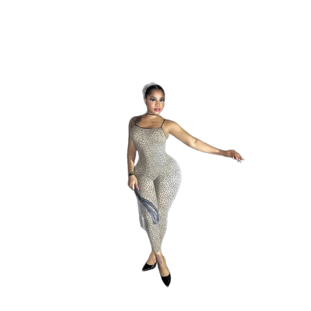 European and american cross-border women's fashion  winter new sleeveless camisole sexy backless leopard print bodycon jumpsuit