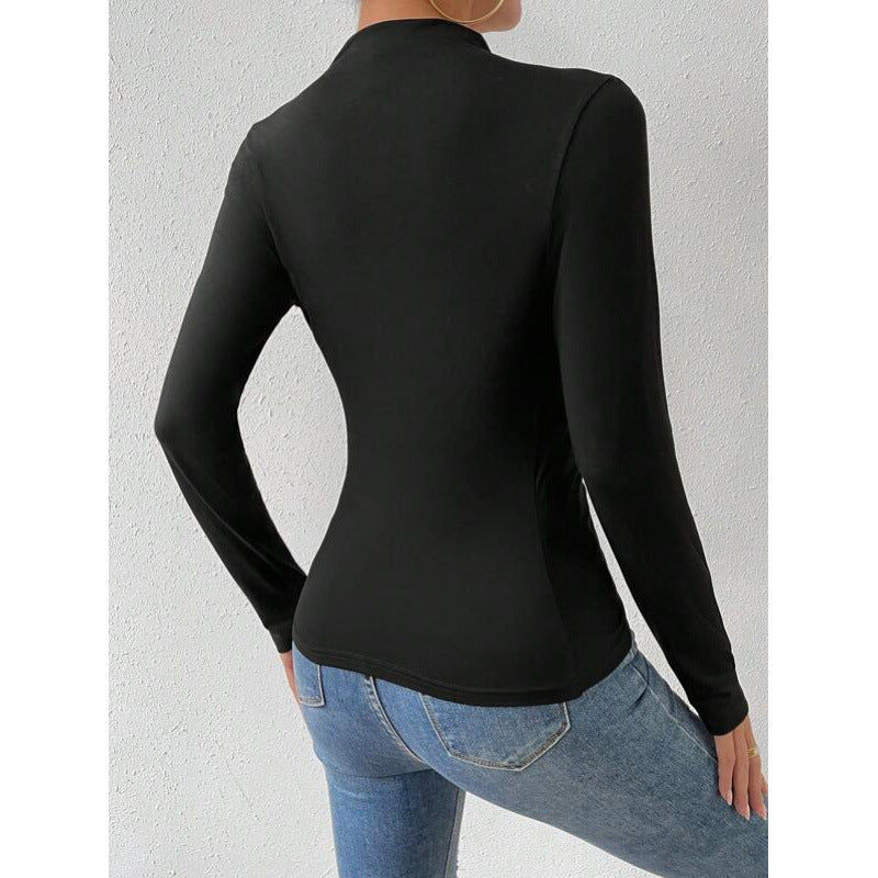 Shipped: women's color block asymmetrical neck bodycon top - long sleeve drapey slim fit blouse, perfect for party nights