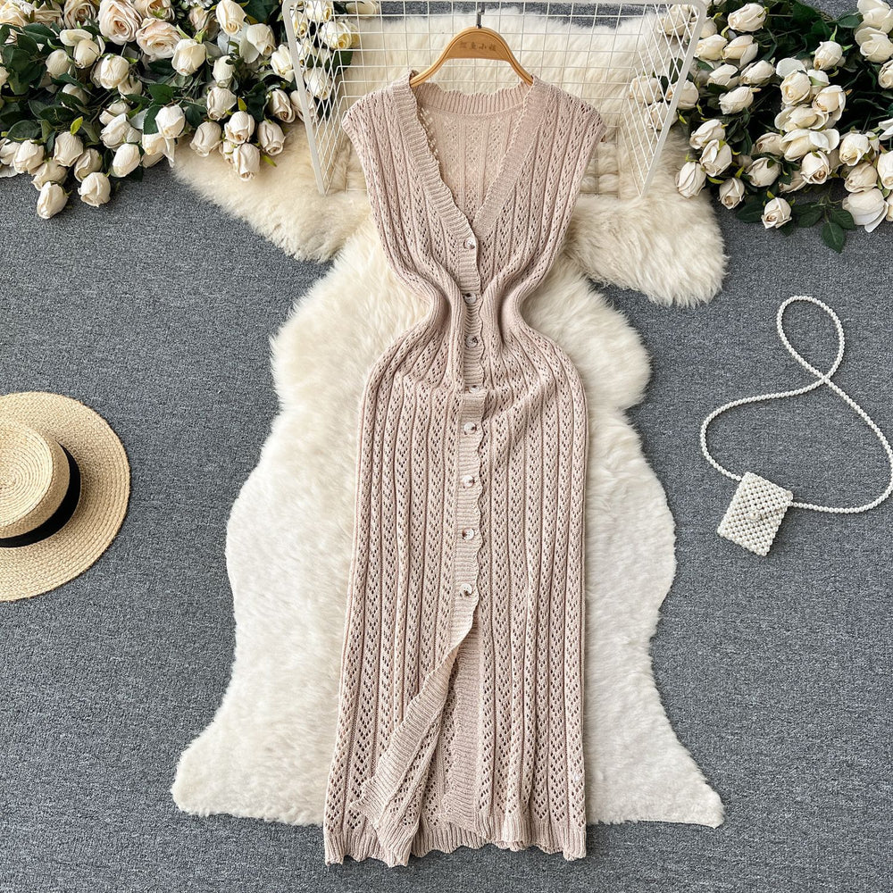 Summer korean chic slimming crochet sleeveless dress - women's single-breasted v-neck bodycon slit maxi dress