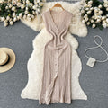 Summer korean chic slimming crochet sleeveless dress - women's single-breasted v-neck bodycon slit maxi dress