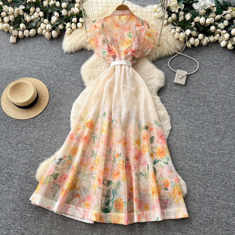 French country style printed sleeveless dress - women's new summer high-waisted slimming a-line maxi dress - elegant commute dress