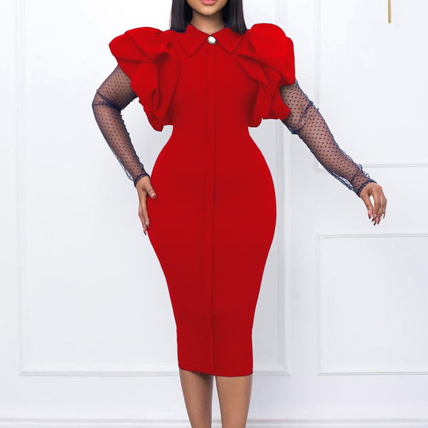D3165 European and American women's clothing 2022 autumn and winter new mesh yarn pleated OL temperament commuter large size  dress