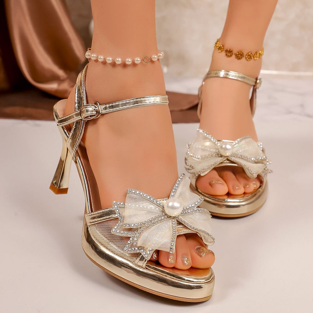 Stiletto rhinestone sandals women's fashion 2026 buckle summer new open toe bow wind one-strap high heels fairy