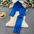 Loosecasual lazy style high collar bat sleeve cable stitchknitting blouse with sleeveless waist vest dress
