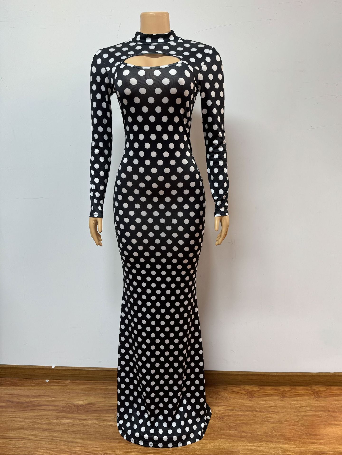 European and American new printed semi-turtleneck hollow sexy hip-wrapped long-sleeved dress polka dot long dress