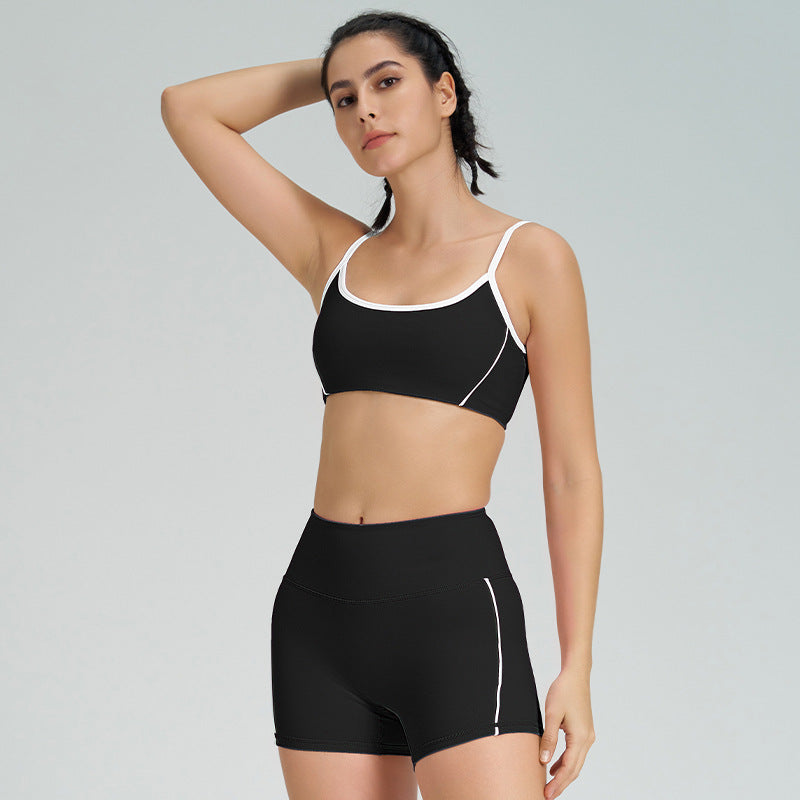 High-waisted, figure-hugging, color-blocked, cross-border camisole, shockproof, push-up, high-waisted, butt-lifting running and fitness shorts yoga set for women