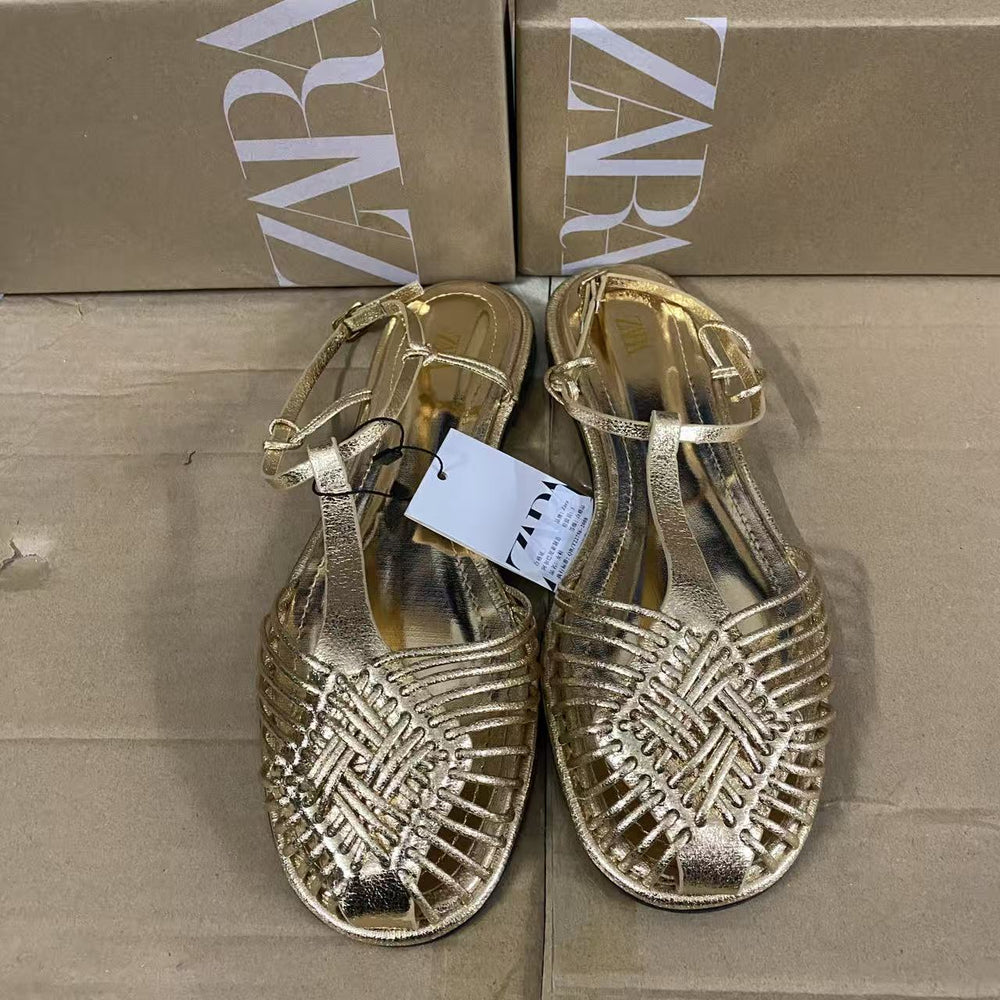 Za2025 new retro round toe flat roman sandals - woven, hollow-out, single strap buckle, fashionable closed-toe sandals