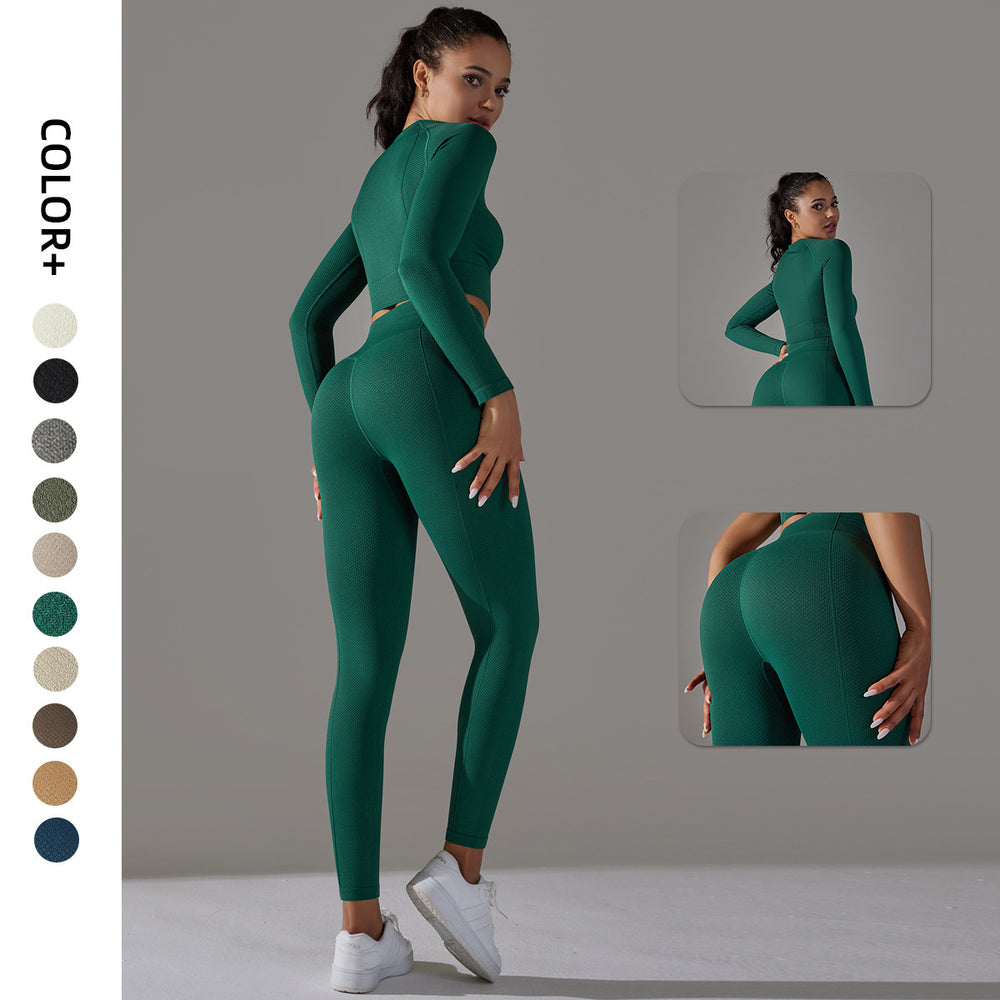 European and american cross-border seamless multi-organic jacquard yoga set - long sleeve top & high-waisted butt-lifting leggings - activewear