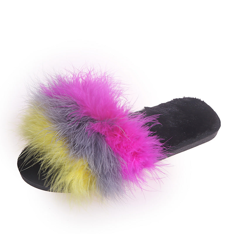 Women's faux fur slippers - european & american style, fashionable home slippers, real fur flat bottom ostrich feather slides, warm cotton slippers