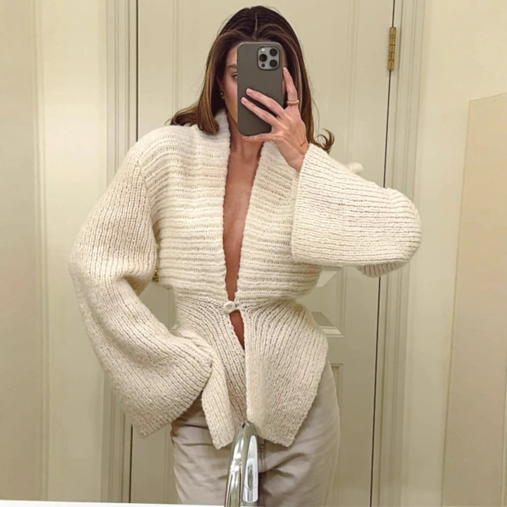 Cross-border Europe, America and the United States in the autumn of 2025 new light luxury solid color buckle irregular hem knitted cardigan jacket