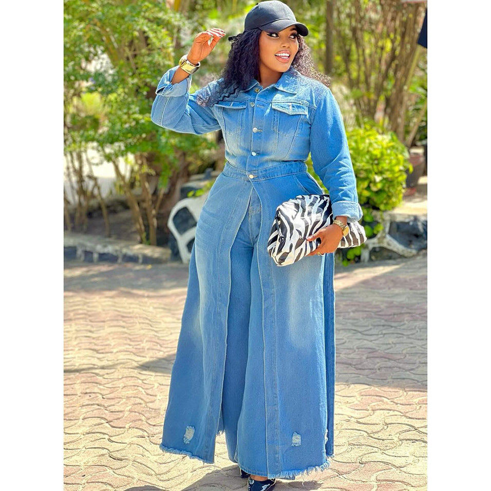 European and american style loose denim long coat  cross-border women's autumn and winter button-down cardigan long sleeve windbreaker jacket