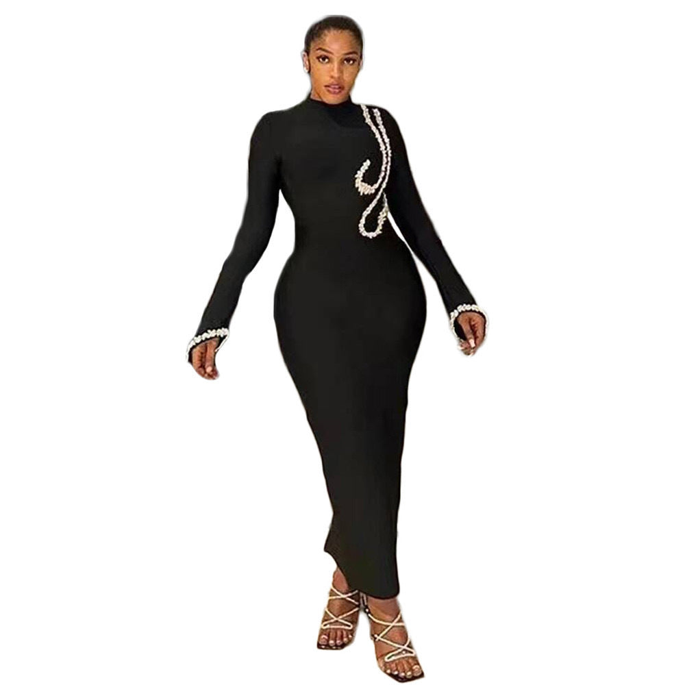 Cross-border European and American style new solid color autumn and winter semi-turtleneck hot diamond long-sleeved temperament slim-fitting hip-wrapped dress women's clothing