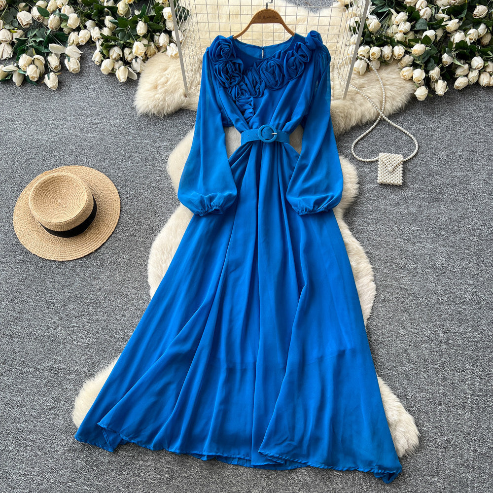 Vintage chic lantern sleeve v-neck lace patchwork dress - women's summer korean style slimming a-line maxi dress