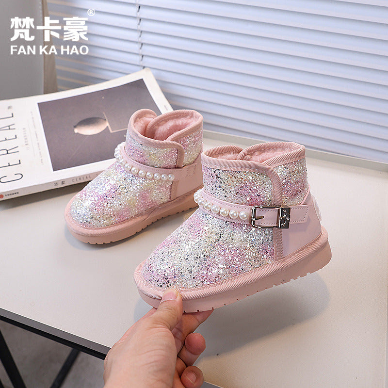 Vancahao girls' fashion sequin & beaded princess snow boots - new  winter collection, fleece-lined and extra thick kids' cotton shoes