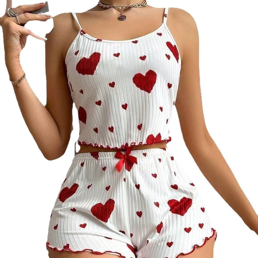 Tumu cross-border  hot-selling home clothes heart printing pajamas suitexport hot-selling suspender shorts two-piece set