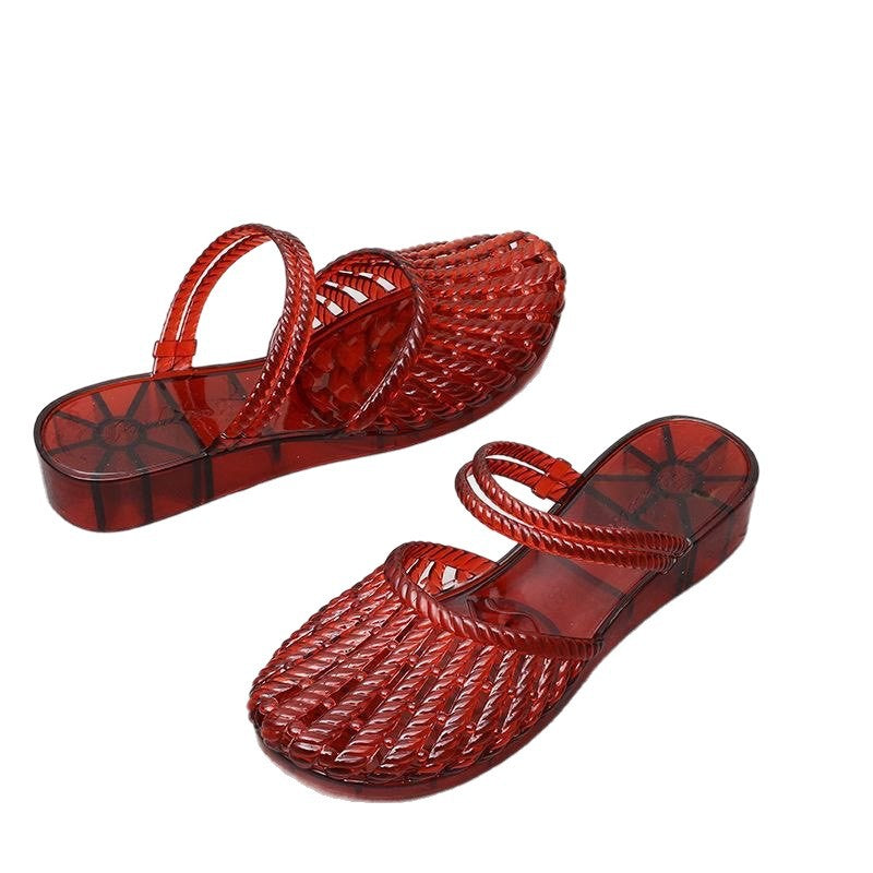 Baotou drag crystal transparent pointed toe sandals women's shoes princess jelly crystal shoes soft plaidabrasion resistantladieswear shoes