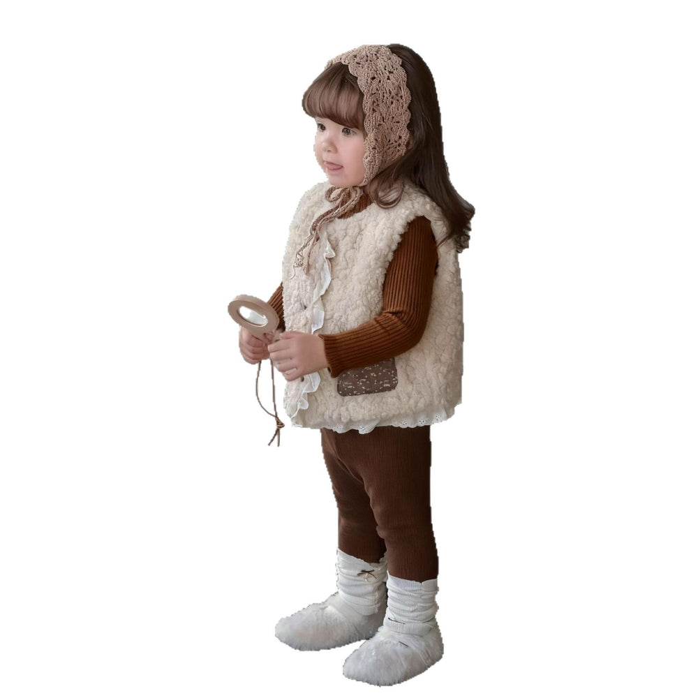 Girls' outfit  new fashionable warm fuzzy vest coffee-colored sweater slouch socks leggings three-piece set