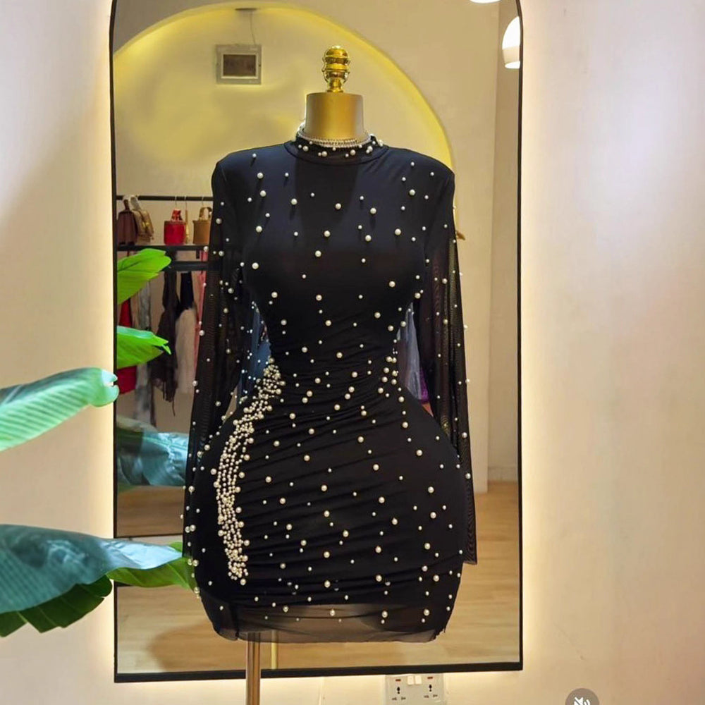 independent station european and american women's clothing pure colorfashionlong sleeves beaded hip dress wholesale