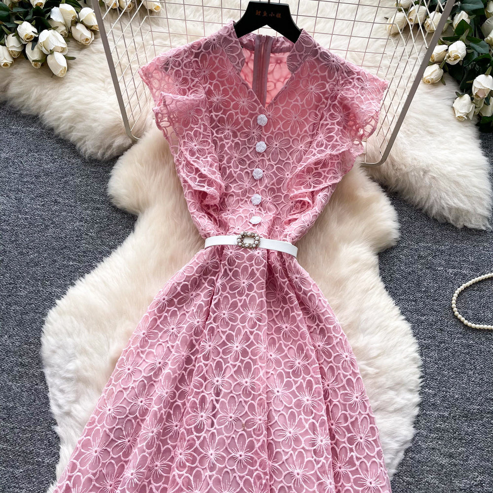 Korean style lace hollow-out sleeveless a-line dress - women's summer high-waisted slimming commute elegant long dress