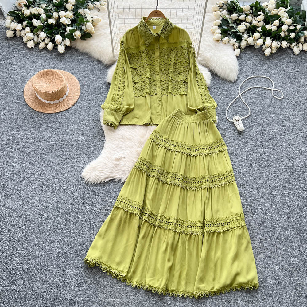 French court style hollow-out crochet mature woman's summer outfit: long-sleeved blouse & elastic waist long skirt set