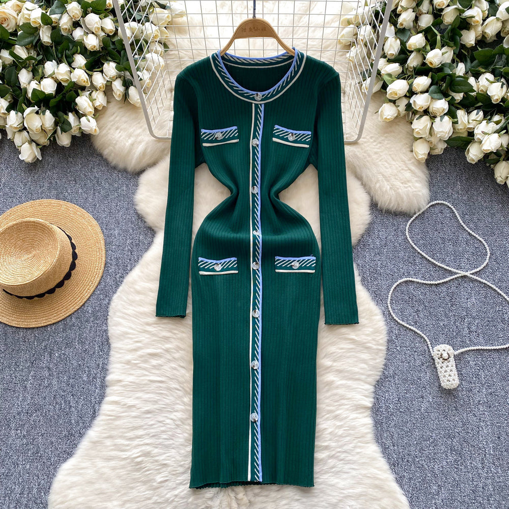 Classy small fragrance style retrocontrast color round neck button decoration waist slimming lookelegant bottom knitting shirt dress