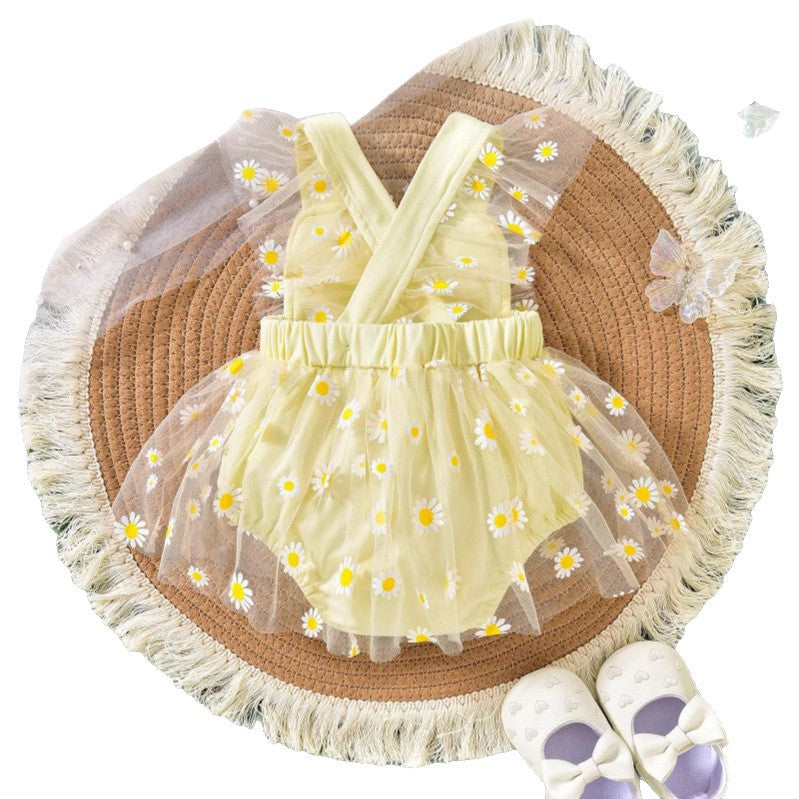 Baby girl party outfit cute suspender three flowers patchwork mesh one-piece dress