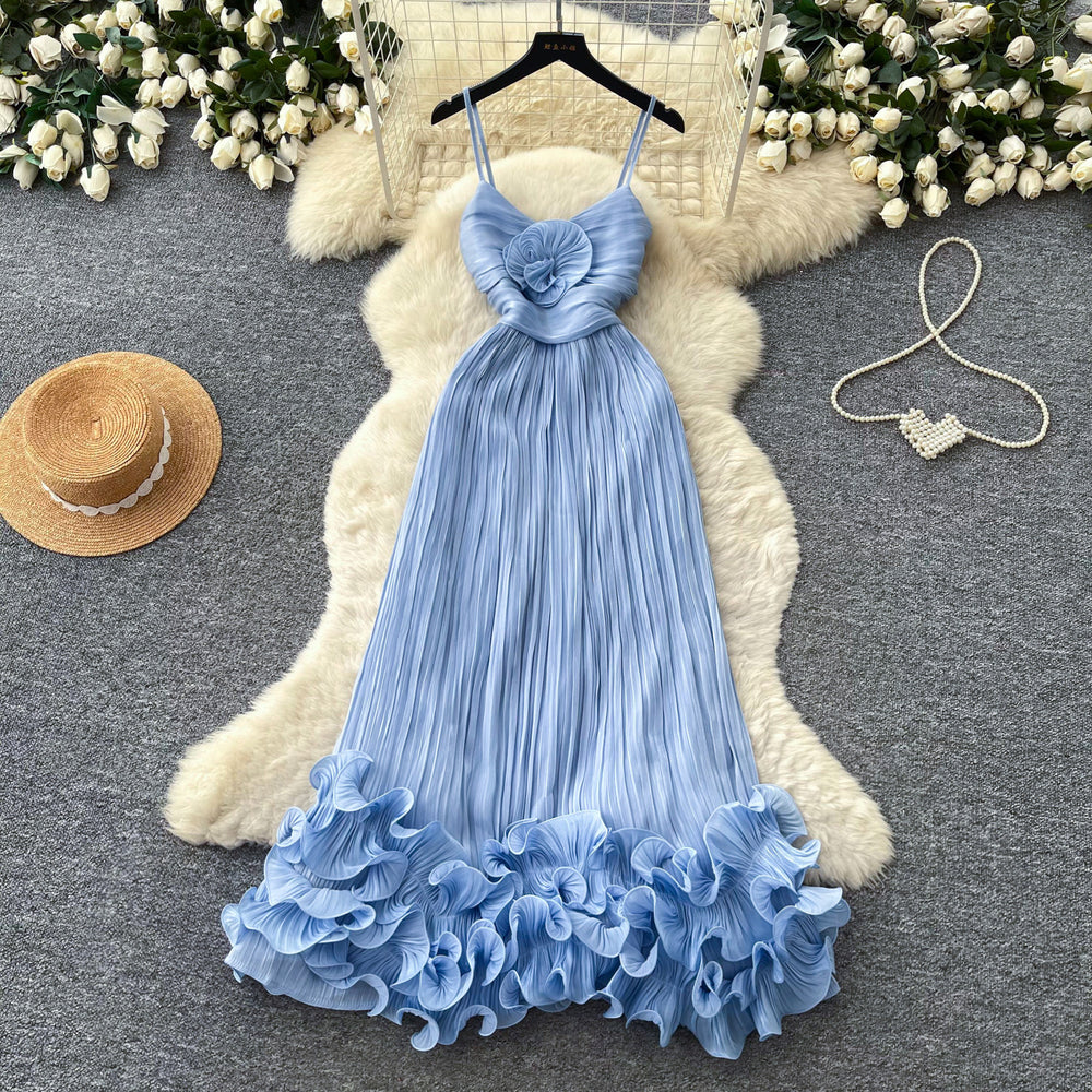French style sweet camisole dress - women's summer korean high-waisted ruffle trim a-line dress - vacation ready