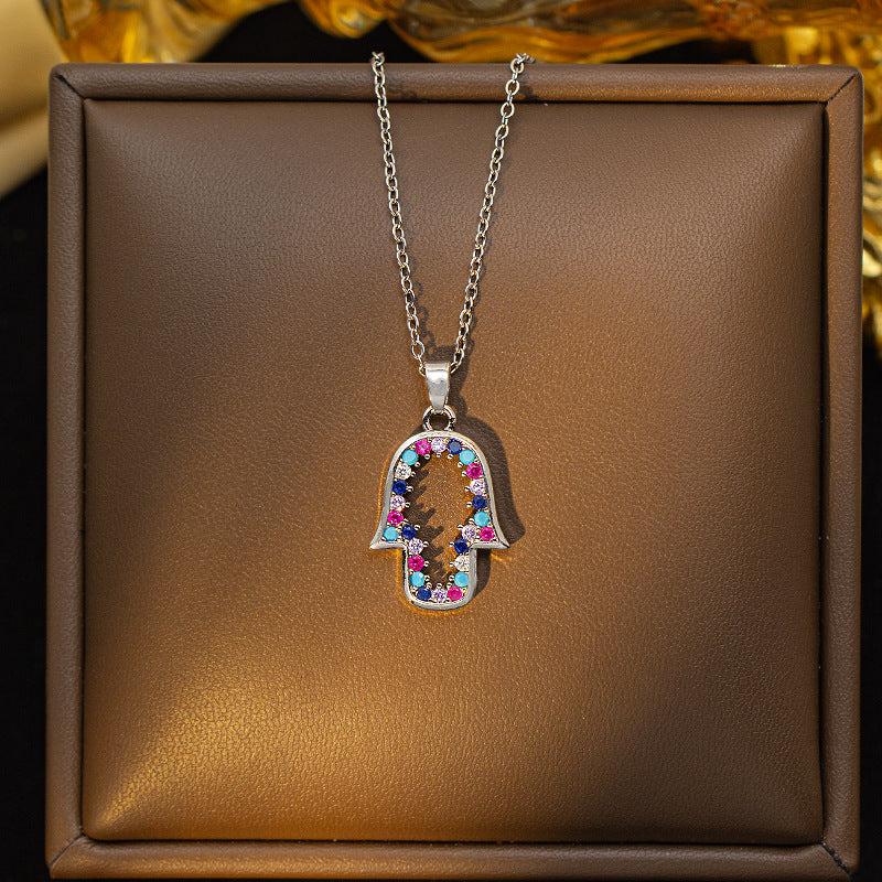 European and american cross-border titanium steel weight hand-set diamond necklace hot style color zircon pendant high-end personalized clavicle chain jewelry