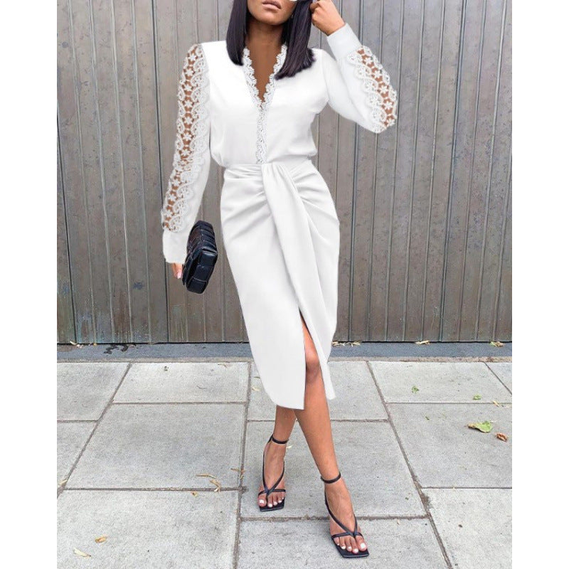 Export  autumn loose v-neck solid color high-waisted midi dress - elegant commute lace trim patchwork dress